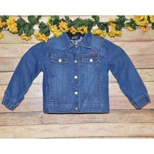 DKNY Girls Denim Blue Jean Jacket Size 4 Embroidered Logo Long Sleeve Button Up